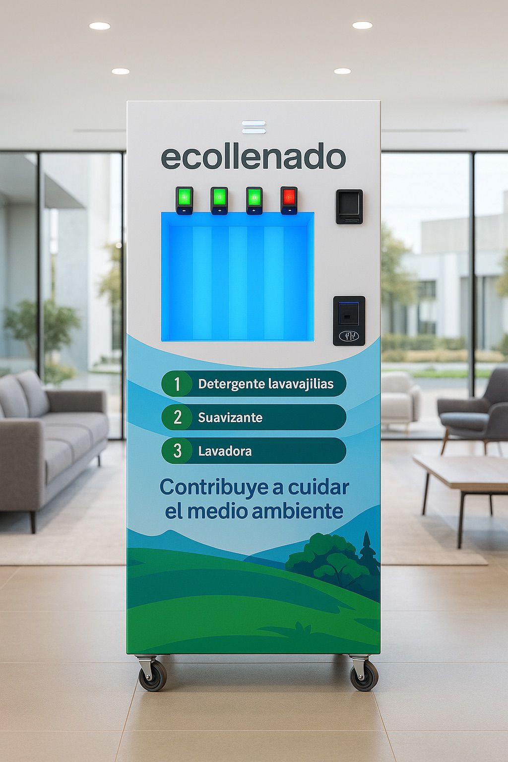 Mini Móvil de Aseo 4P - Diseño ecollenado con 4 productos y mensaje ambiental