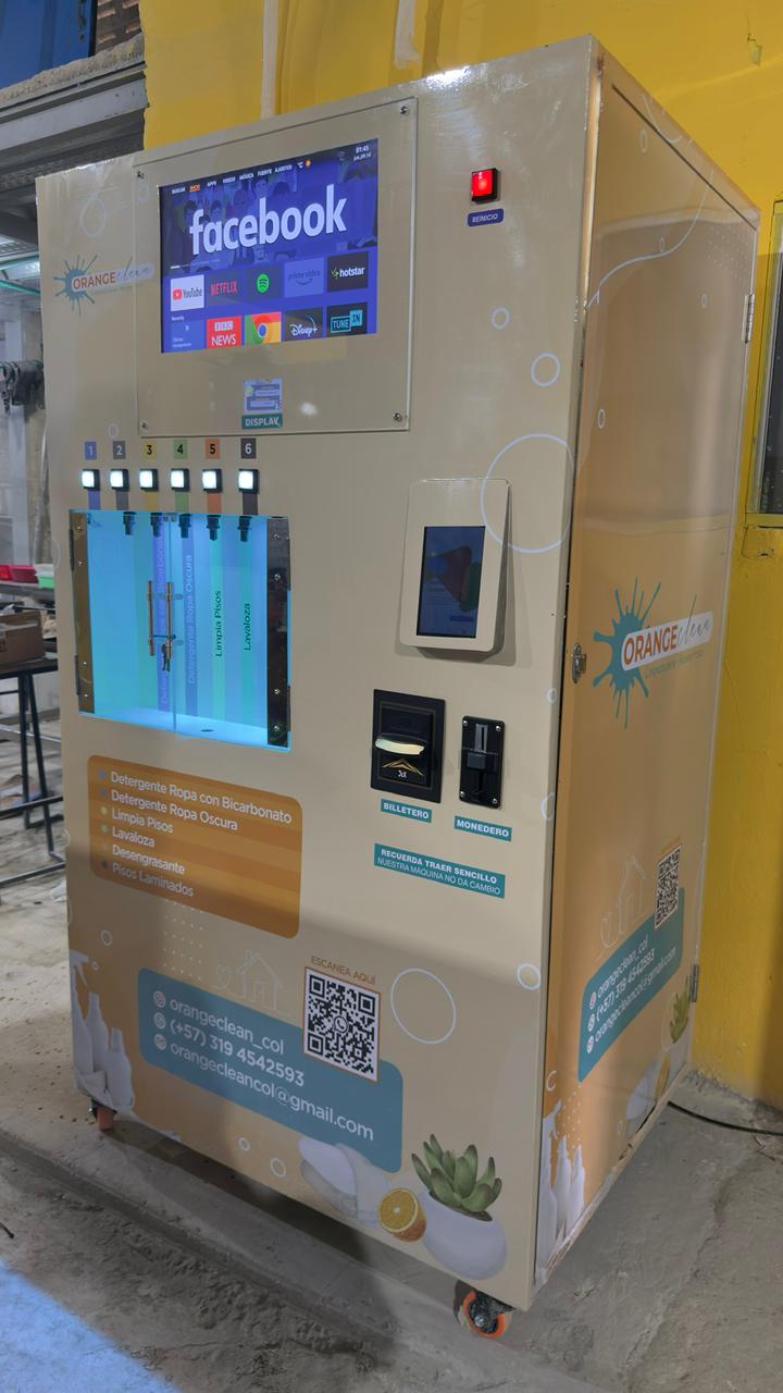 Máquina Móvil de Aseo - Vista frontal con panel de selección y productos iluminados