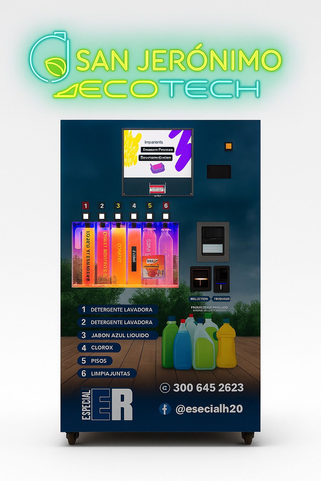 Máquina Móvil de Aseo - Vista frontal completa con productos visibles y sistema de pago